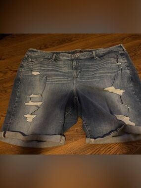 torrid Light Blue Distressed Roll-Hem Jean Bermuda Shorts